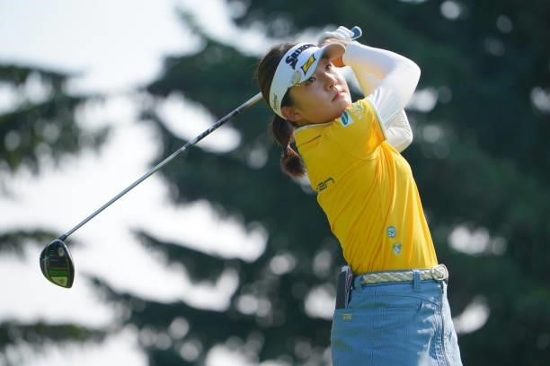 Momoko Kishibe of Japan hits her tee shot on the 18th hole during the first round of Daito Kentaku eHeyanet Ladies at Takino Country Club on July 22,...