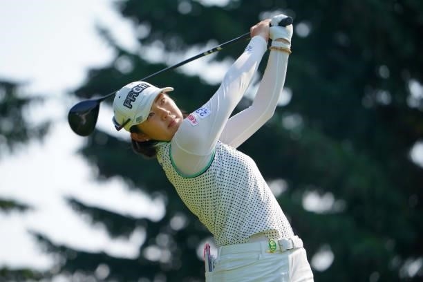 Rie Tsuji of Japan hits her tee shot on the 18th hole during the first round of Daito Kentaku eHeyanet Ladies at Takino Country Club on July 22, 2021...