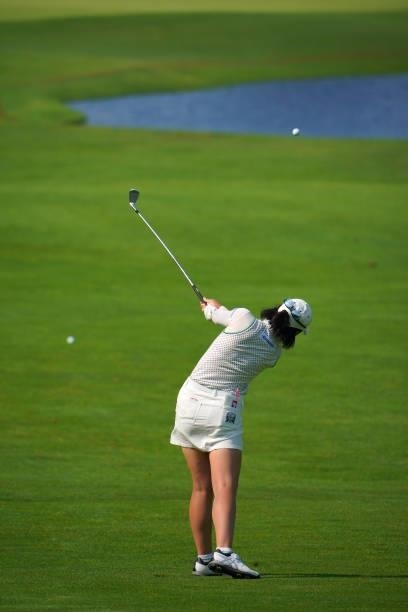 Rie Tsuji of Japan hits her second shot on the 18th hole during the first round of Daito Kentaku eHeyanet Ladies at Takino Country Club on July 22,...