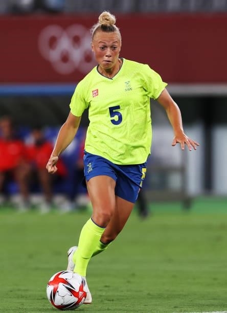 Meikayla Moore of Sweden controls the ball in the Women's First Round Group G match between Sweden and United States during the Tokyo 2020 Olympic...