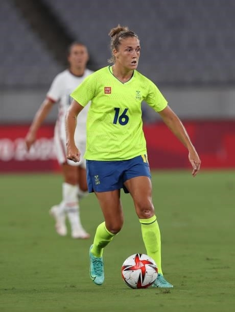 Filippa Angeldal of Sweden controls the ball in the Women's First Round Group G match between Sweden and United States during the Tokyo 2020 Olympic...