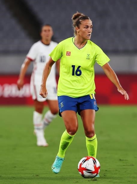 Filippa Angeldal of Sweden controls the ball in the Women's First Round Group G match between Sweden and United States during the Tokyo 2020 Olympic...