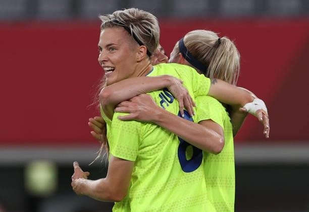 Lina Hurtig of Sweden celebrates scoring her team's third goal during the Women's First Round Group G match between Australia and Sweden during the...
