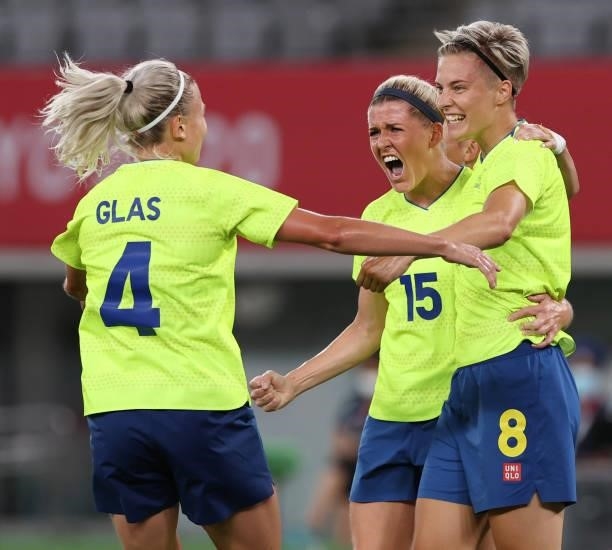 Lina Hurtig of Sweden celebrates scoring her team's third goal during the Women's First Round Group G match between Australia and Sweden during the...
