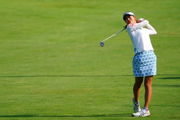 Kokone Yoshimoto of Japan hits her second shot on the 18th hole during the first round of Daito Kentaku eHeyanet Ladies at Takino Country Club on...
