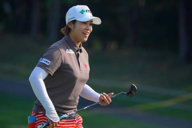 Mayu Hamada of Japan smiles after holing out on the 18th green during the first round of Daito Kentaku eHeyanet Ladies at Takino Country Club on July...