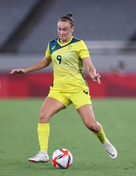 Caitlin Foord of Australia controls the ball in the Women's First Round Group G match during the Tokyo 2020 Olympic Games at Tokyo Stadium on July...