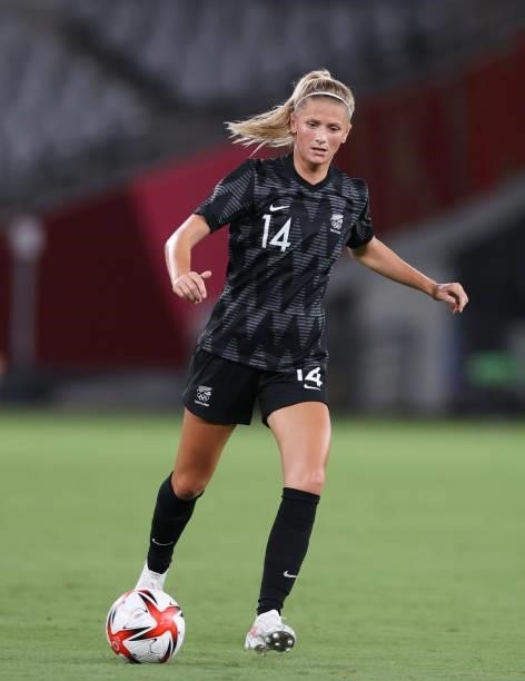 Alanna Kennedy of New Zealand controls the ball in the Women's First Round Group G match during the Tokyo 2020 Olympic Games at Tokyo Stadium on July...