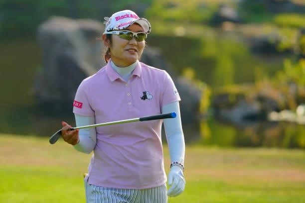 Saiki Fujita of Japan reacts after her approach onto the 9th green during the first round of Daito Kentaku eHeyanet Ladies at Takino Country Club on...