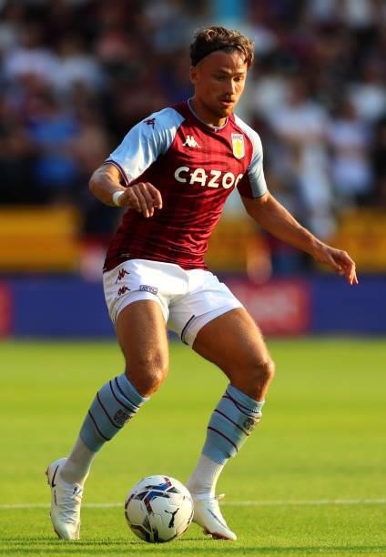Matthew Cash of Aston Villa controls the ball during the Pre Season Friendly between Walsall and Aston Villa at Banks's Stadium on July 21, 2021 in...