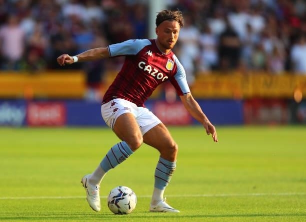 Matthew Cash of Aston Villa controls the ball during the Pre Season Friendly between Walsall and Aston Villa at Banks's Stadium on July 21, 2021 in...