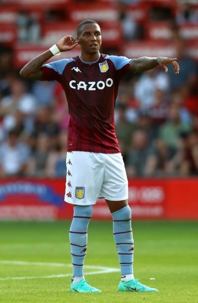 Ashley Young of Aston Villa reacts during the Pre Season Friendly between Walsall and Aston Villa at Banks's Stadium on July 21, 2021 in Walsall,...