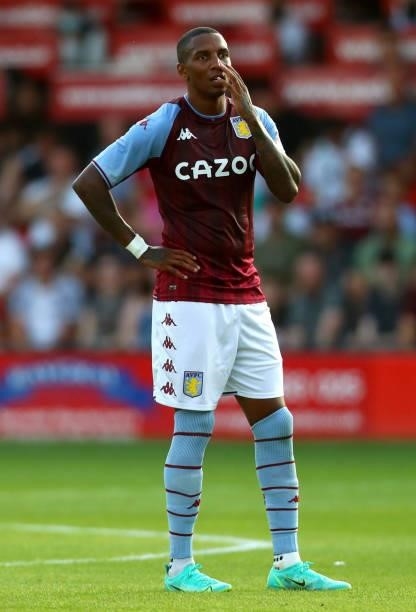 Ashley Young of Aston Villa reacts during the Pre Season Friendly between Walsall and Aston Villa at Banks's Stadium on July 21, 2021 in Walsall,...