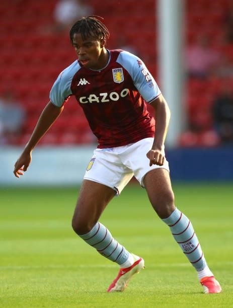 Carney Chunkwuemeka of Aston Villa during the Pre Season Friendly between Walsall and Aston Villa at Banks's Stadium on July 21, 2021 in Walsall,...