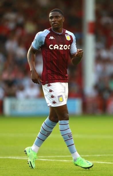 Kortney Hause of Aston Villa during the Pre Season Friendly between Walsall and Aston Villa at Banks's Stadium on July 21, 2021 in Walsall, England.