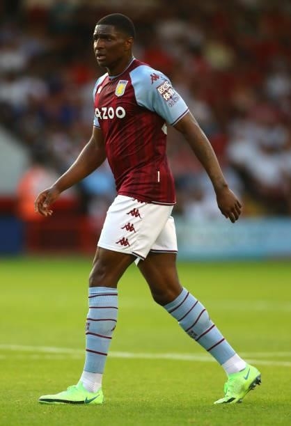 Kortney Hause of Aston Villa during the Pre Season Friendly between Walsall and Aston Villa at Banks's Stadium on July 21, 2021 in Walsall, England.