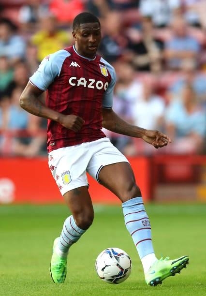 Kortney Hause of Aston Villa controls the ball during the Pre Season Friendly between Walsall and Aston Villa at Banks's Stadium on July 21, 2021 in...