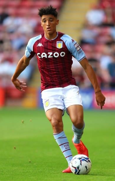 Ben Chrisene of Aston Villa controls the ball during the Pre Season Friendly between Walsall and Aston Villa at Banks's Stadium on July 21, 2021 in...