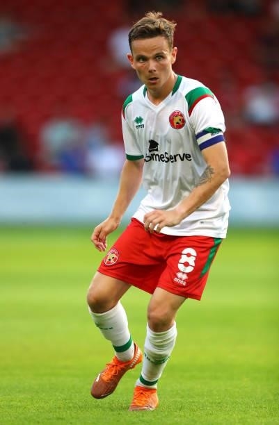 Liam Kinsella of Walsall during the Pre Season Friendly between Walsall and Aston Villa at Banks's Stadium on July 21, 2021 in Walsall, England.