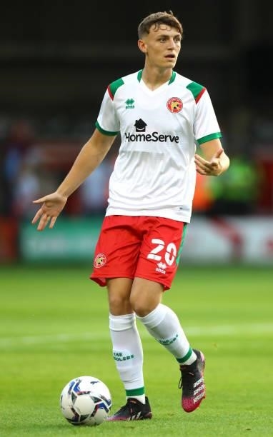 Sam Perry of Walsall controls the ball during the Pre Season Friendly between Walsall and Aston Villa at Banks's Stadium on July 21, 2021 in Walsall,...