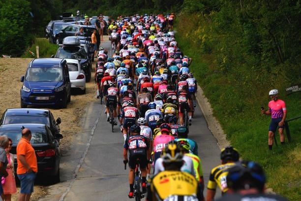 General view inside the peloton during the 42nd Tour de Wallonie 2021, Stage 3 a 179,9km stage from Plombières to Érezée / Public / Fans / Landscape...