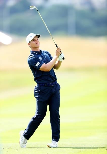 Calum Hill of Scotland plays his second shot on hole 1 during Day One of the Cazoo Open supported by Gareth Bale at Celtic Manor Resort on July 22,...
