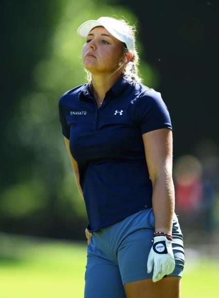 Emily Kristine Pedersen of Denmark reacts on hole 13 during day one of the The Amundi Evian Championship at Evian Resort Golf Club on July 22, 2021...