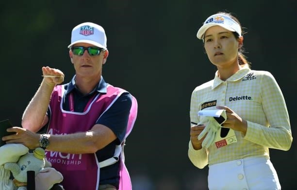 Chun In-gee of South talks with her caddie on hole 13 during day one of the The Amundi Evian Championship at Evian Resort Golf Club on July 22, 2021...