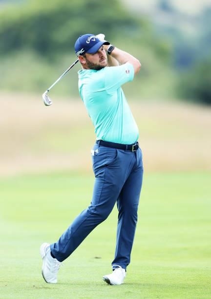 Jordan Smith of England plays his second shot on hole 1 during Day One of the Cazoo Open supported by Gareth Bale at Celtic Manor Resort on July 22,...