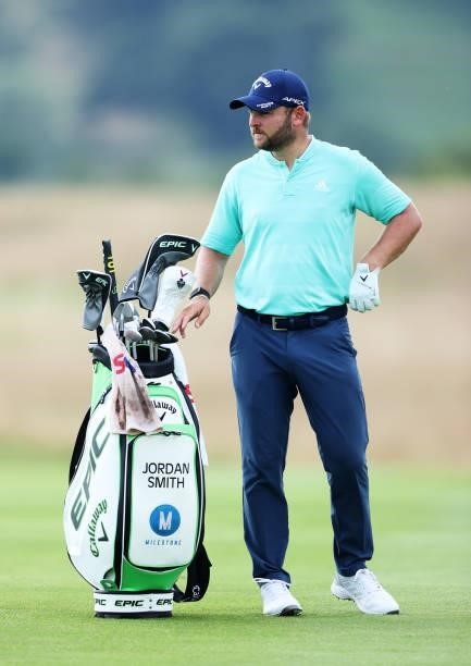 Jordan Smith of England looks on from the first fairway during Day One of the Cazoo Open supported by Gareth Bale at Celtic Manor Resort on July 22,...