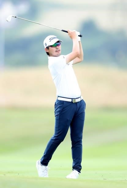 Masahiro Kawamura of Japan plays his second shot on hole 1 during Day One of the Cazoo Open supported by Gareth Bale at Celtic Manor Resort on July...