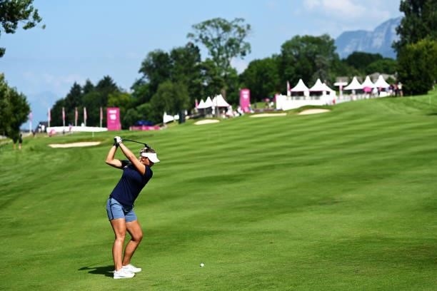 Emily Kristine Pedersen of Denmark takes her second shot on hole 15 during day one of the The Amundi Evian Championship at Evian Resort Golf Club on...