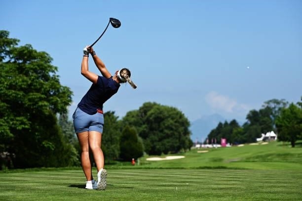 Emily Kristine Pedersen of Denmark tees off on hole 15 during day one of the The Amundi Evian Championship at Evian Resort Golf Club on July 22, 2021...