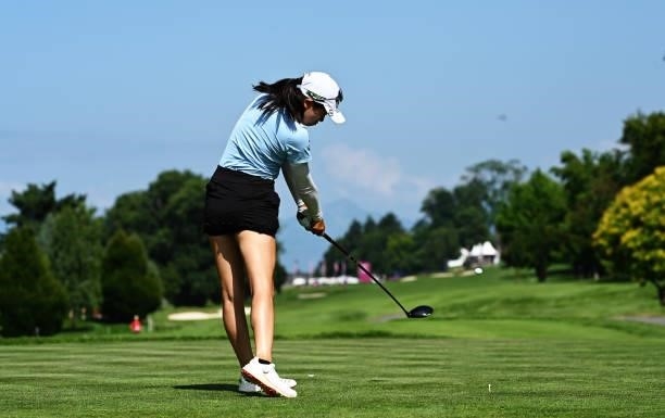 Rose Zhang of USA tees off on hole 15 during day one of the The Amundi Evian Championship at Evian Resort Golf Club on July 22, 2021 in...