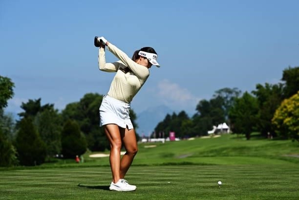 Chun In-gee of South Korea tees off on hole 15 during day one of the The Amundi Evian Championship at Evian Resort Golf Club on July 22, 2021 in...