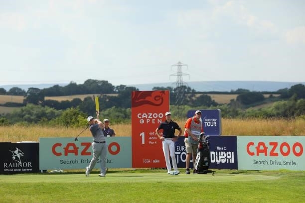 Dave Coupland of England tees off on the first hole during Day One of the Cazoo Open supported by Gareth Bale at Celtic Manor Resort on July 22, 2021...