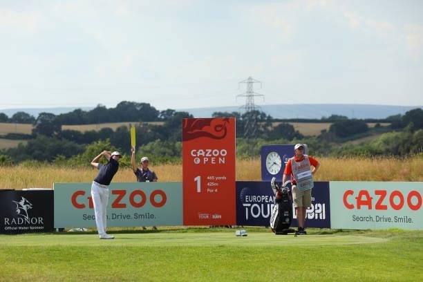 Elvis Smylie of Australia tees off on the first hole during Day One of the Cazoo Open supported by Gareth Bale at Celtic Manor Resort on July 22,...