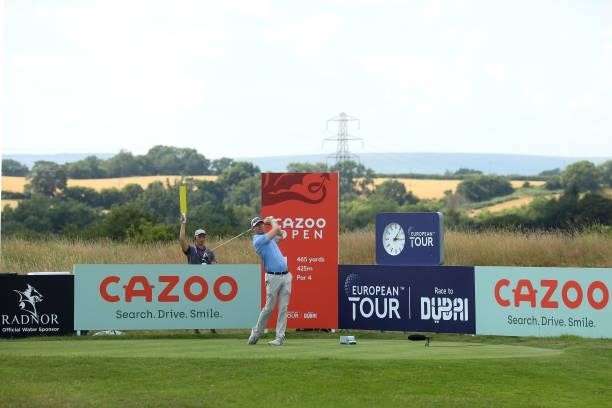 Bradley Dredge of Wales tees off on the first hole during Day One of the Cazoo Open supported by Gareth Bale at Celtic Manor Resort on July 22, 2021...