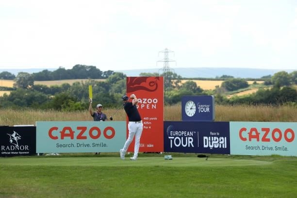 Matthew Southgate of England tees off on the first hole during Day One of the Cazoo Open supported by Gareth Bale at Celtic Manor Resort on July 22,...