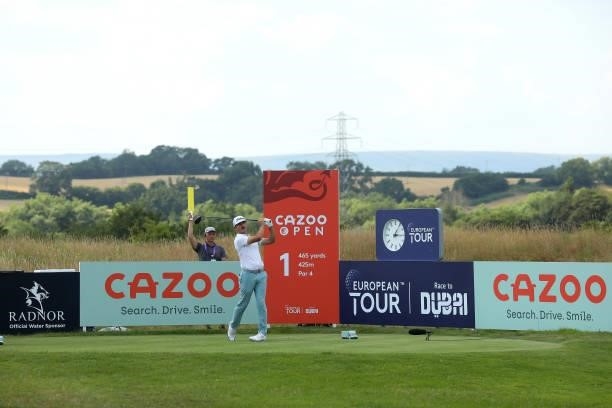 Wade Ormsby of Australia tees off on the first hole during Day One of the Cazoo Open supported by Gareth Bale at Celtic Manor Resort on July 22, 2021...
