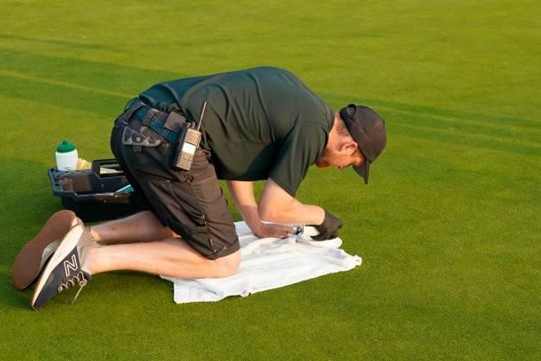 Final preparation by greenstaff before the first round of the Senior Open presented by Rolex at Sunningdale Golf Club on July 22, 2021 in...
