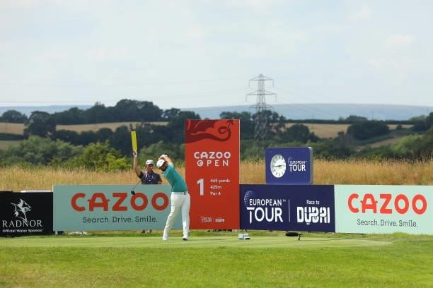 Alexander Levy or France tees off on the first hole during Day One of the Cazoo Open supported by Gareth Bale at Celtic Manor Resort on July 22, 2021...