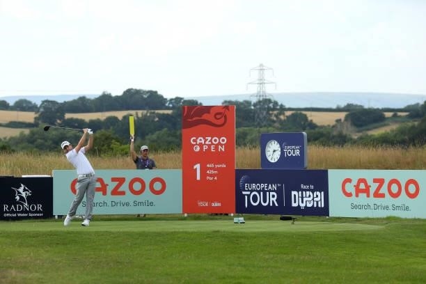 Nicolai Von Dellingshausen of Germany tees off on the first hole during Day One of the Cazoo Open supported by Gareth Bale at Celtic Manor Resort on...