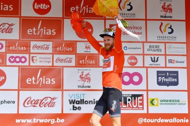 Quinn Simmons of United States and Team Trek - Segafredo Orange Leader Jersey celebrates at podium during the 42nd Tour de Wallonie 2021, Stage 3 a...