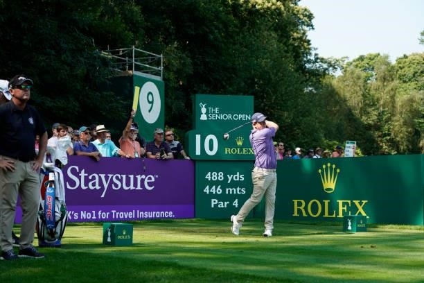 Paul McGinley of Ireland in action during the first round of the Senior Open presented by Rolex at Sunningdale Golf Club on July 22, 2021 in...