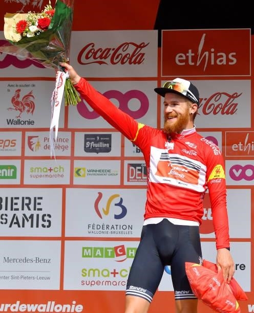 Quinn Simmons of United States and Team Trek - Segafredo Red best young jersey celebrates at podium during the 42nd Tour de Wallonie 2021, Stage 3 a...