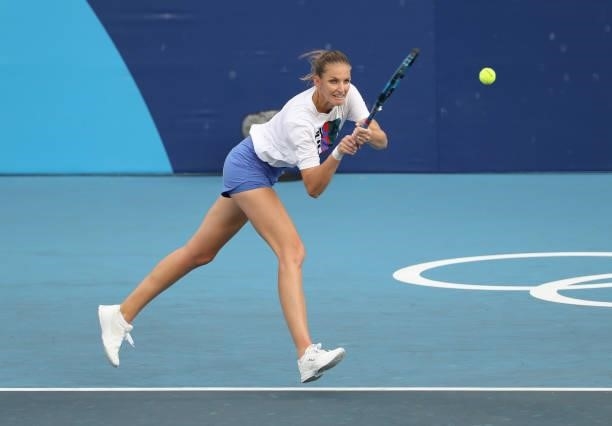 Karolina Pliskova of Czech Republic during a practice ahead of the Tokyo 2020 Olympic Games at Ariake Tennis Park on July 22, 2021 in Tokyo, Japan.