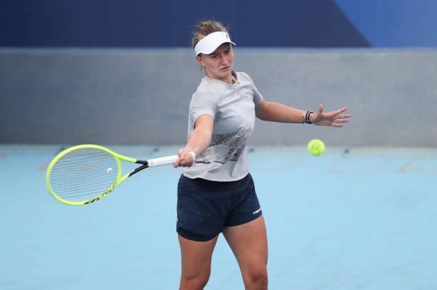 Barbora Krejcikova of Czech Republic during a practice ahead of the Tokyo 2020 Olympic Games at Ariake Tennis Park on July 22, 2021 in Tokyo, Japan.