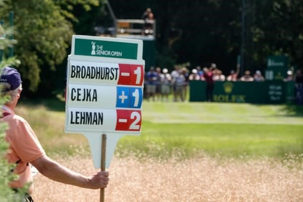 Scoreboard is seen as Paul Broadhurst of England hits a shot during the first round of the Senior Open presented by Rolex at Sunningdale Golf Club on...