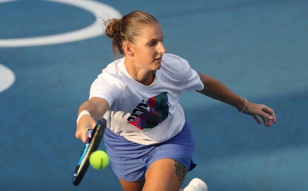 Karolina Pliskova of Czech Republic during a practice ahead of the Tokyo 2020 Olympic Games at Ariake Tennis Park on July 22, 2021 in Tokyo, Japan.